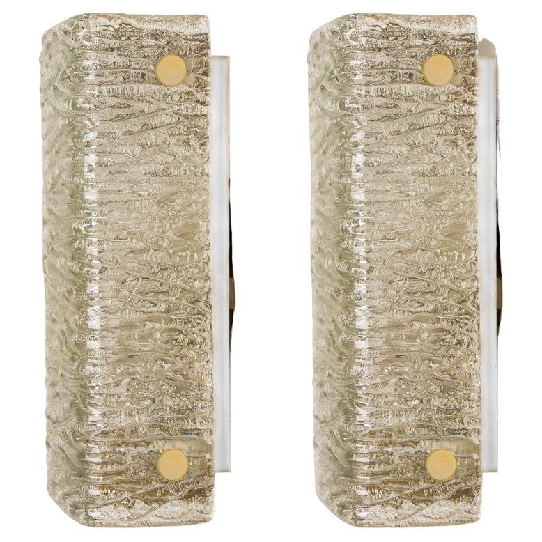 Rectangular Wave Glass and Brass Wall Lights by J.T. Kalmar, Austria, 1960s