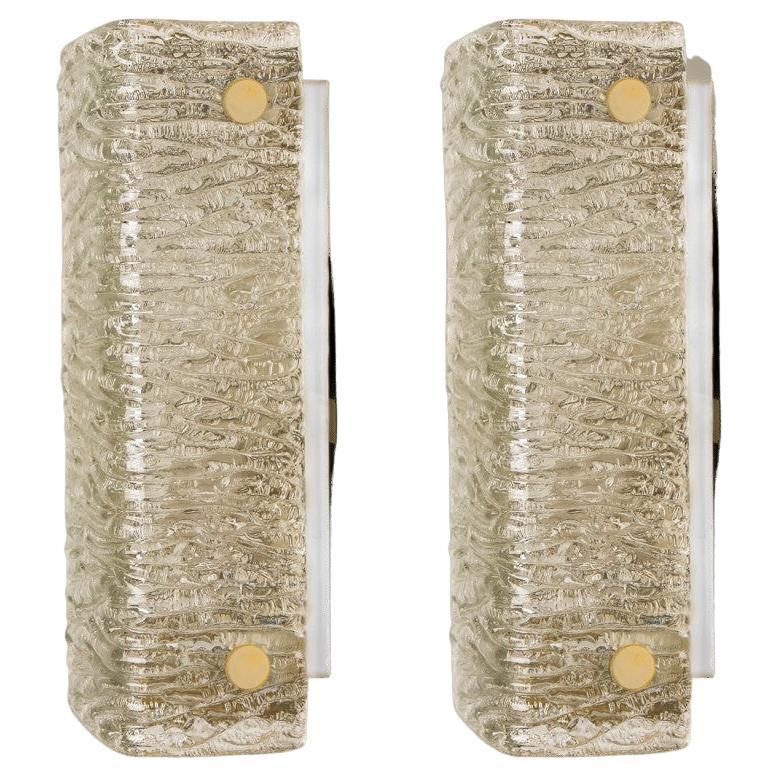 Rectangular Wave Glass and Brass Wall Lights by J.T. Kalmar, Austria, 1960s