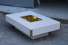 Rectangular Willy Rizzo Coffee Table Brass Parts White Laminate Made in Italy