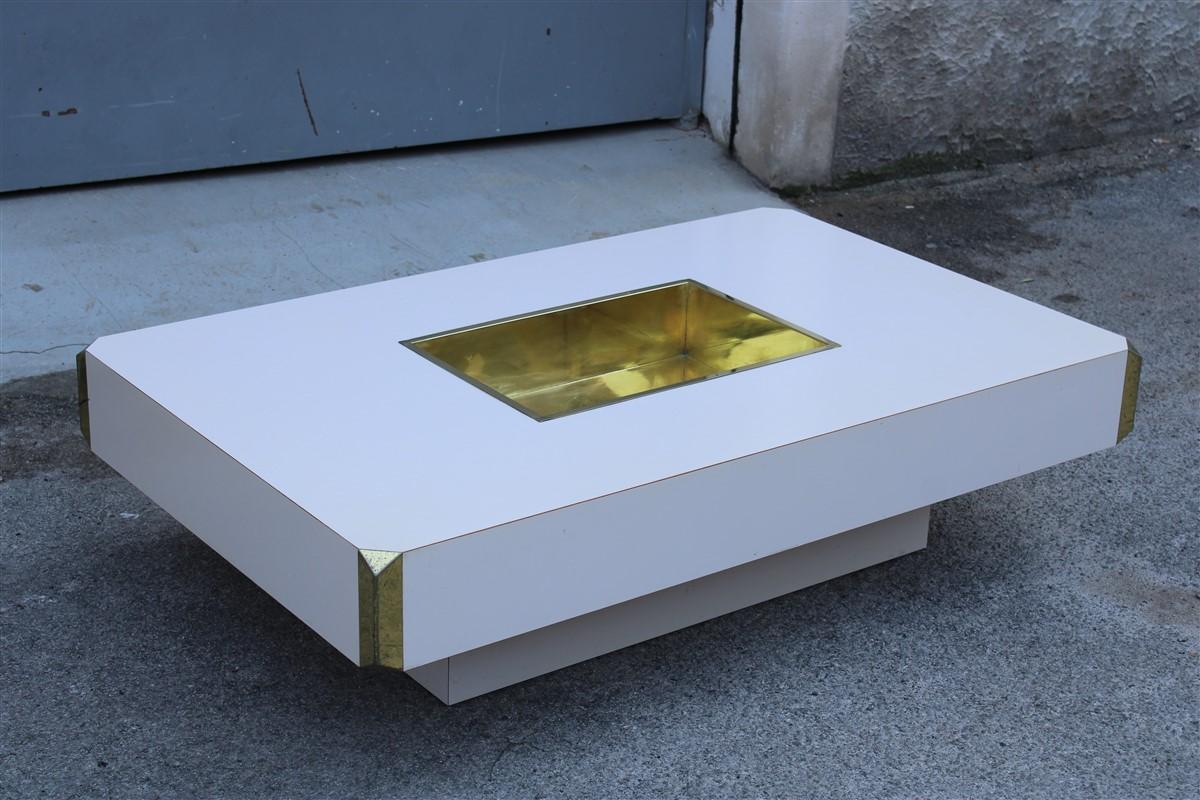 Mid-Century Modern Rectangular Willy Rizzo Coffee Table Brass Parts White Laminate Made in Italy For Sale