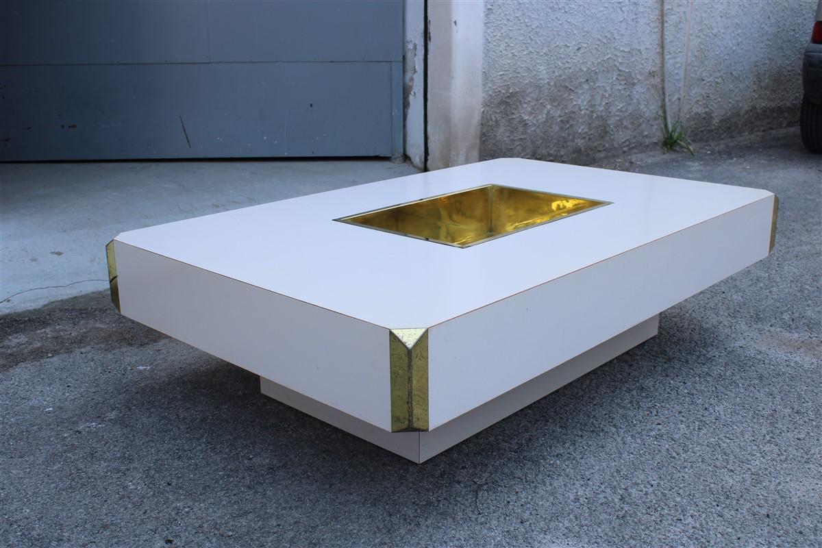 Rectangular Willy Rizzo Coffee Table Brass Parts White Laminate Made in Italy For Sale 1