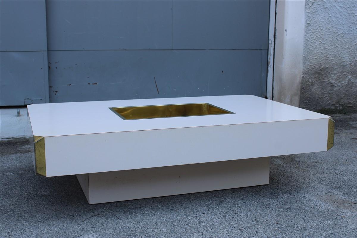 Rectangular Willy Rizzo Coffee Table Brass Parts White Laminate Made in Italy For Sale 3