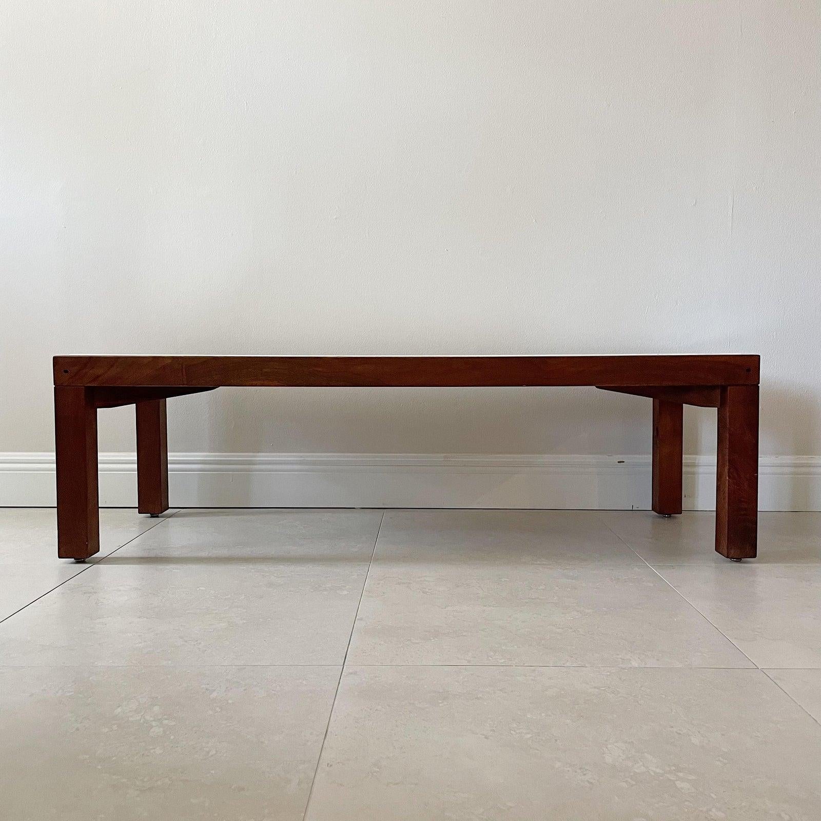 Mid-century wood with white inset marble with white veins, coffee, cocktail table. This simple yet classic parson style design wood table shows some expected age appropriate wear. Unsigned.