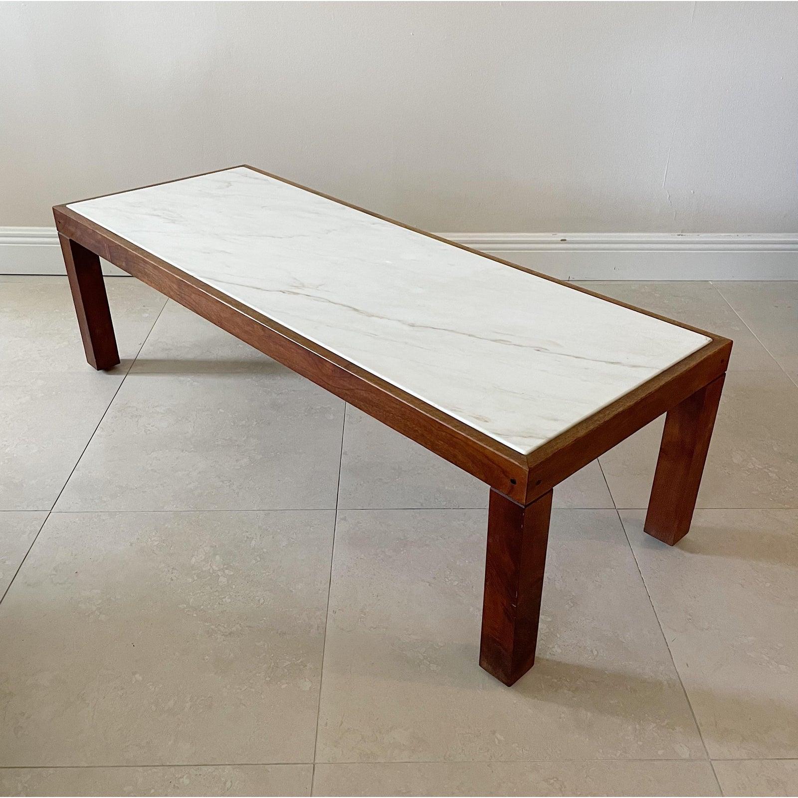 Hand-Crafted Rectangular Wood and White Marble Vintage Coffee Table