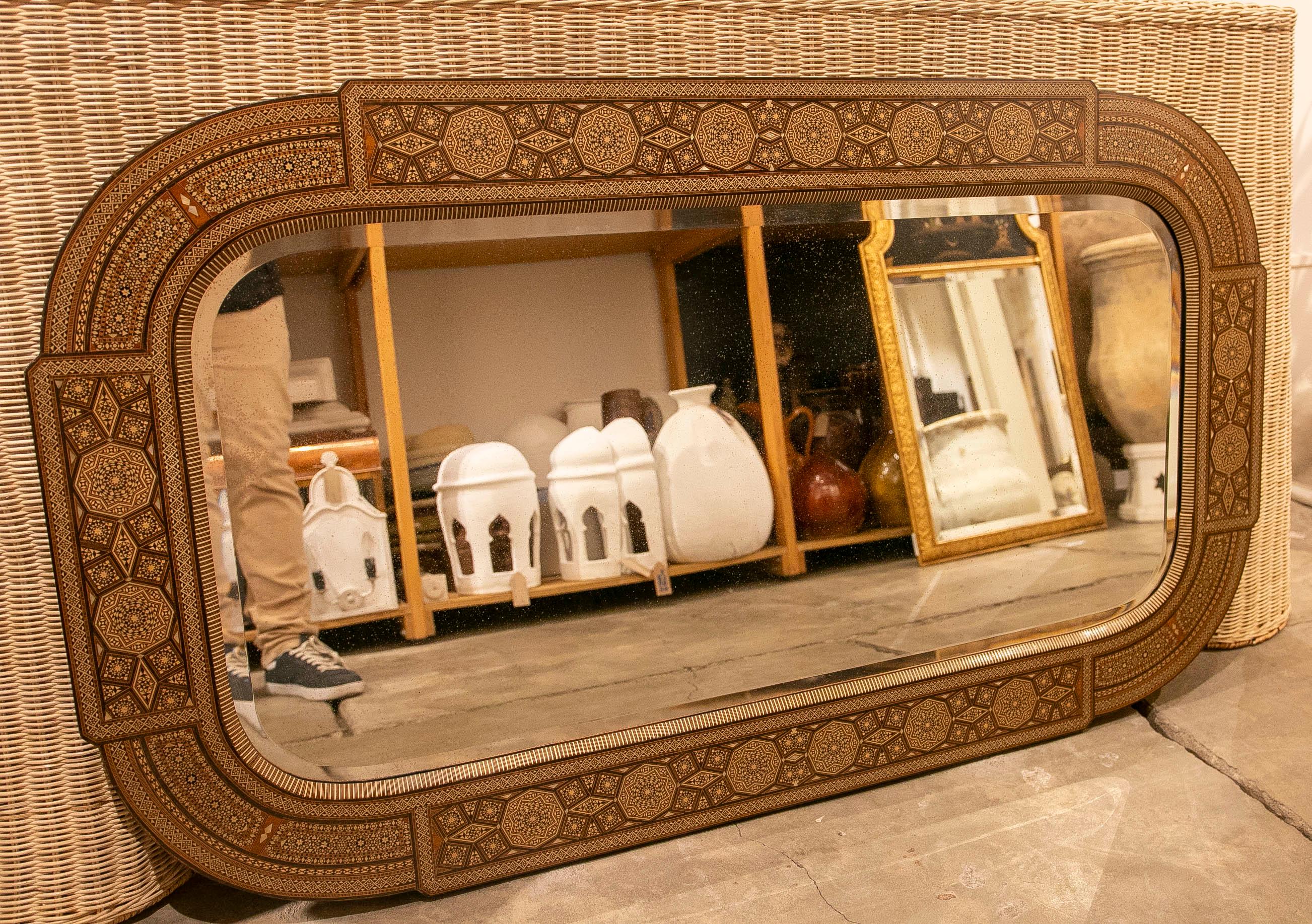 Moroccan Rectangular Wooden Wall Mirror with Inlay and Geometrical Decoration For Sale
