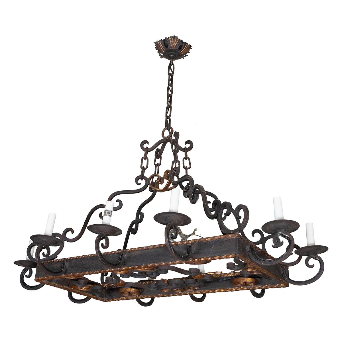 Rectangular wrought iron chandelier with golden twist trim details and original canopy.