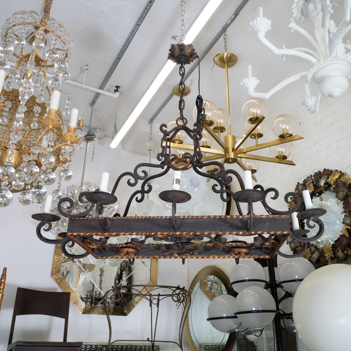 French Rectangular wrought iron chandelier For Sale