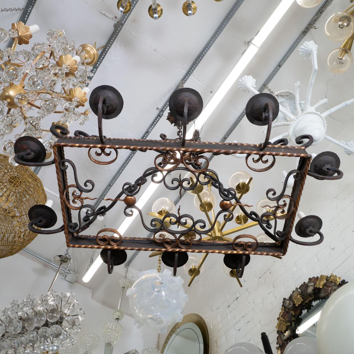 Rectangular wrought iron chandelier In Good Condition For Sale In Tarrytown, NY