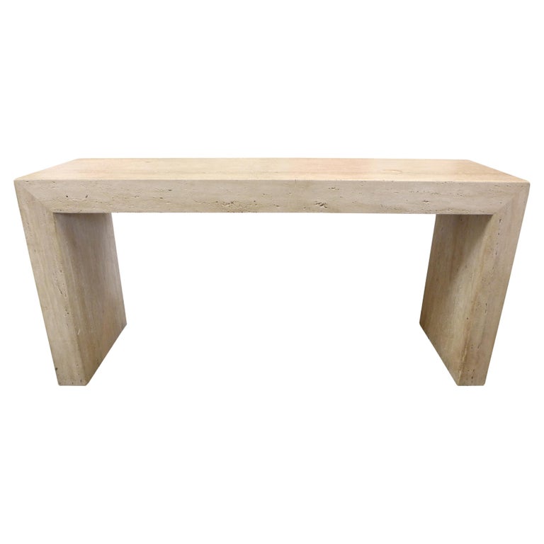 Rectilinear Modernist Travertine Console Table For Sale