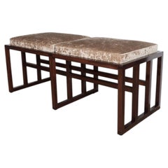 Rectilinear wood bench with twin cushions