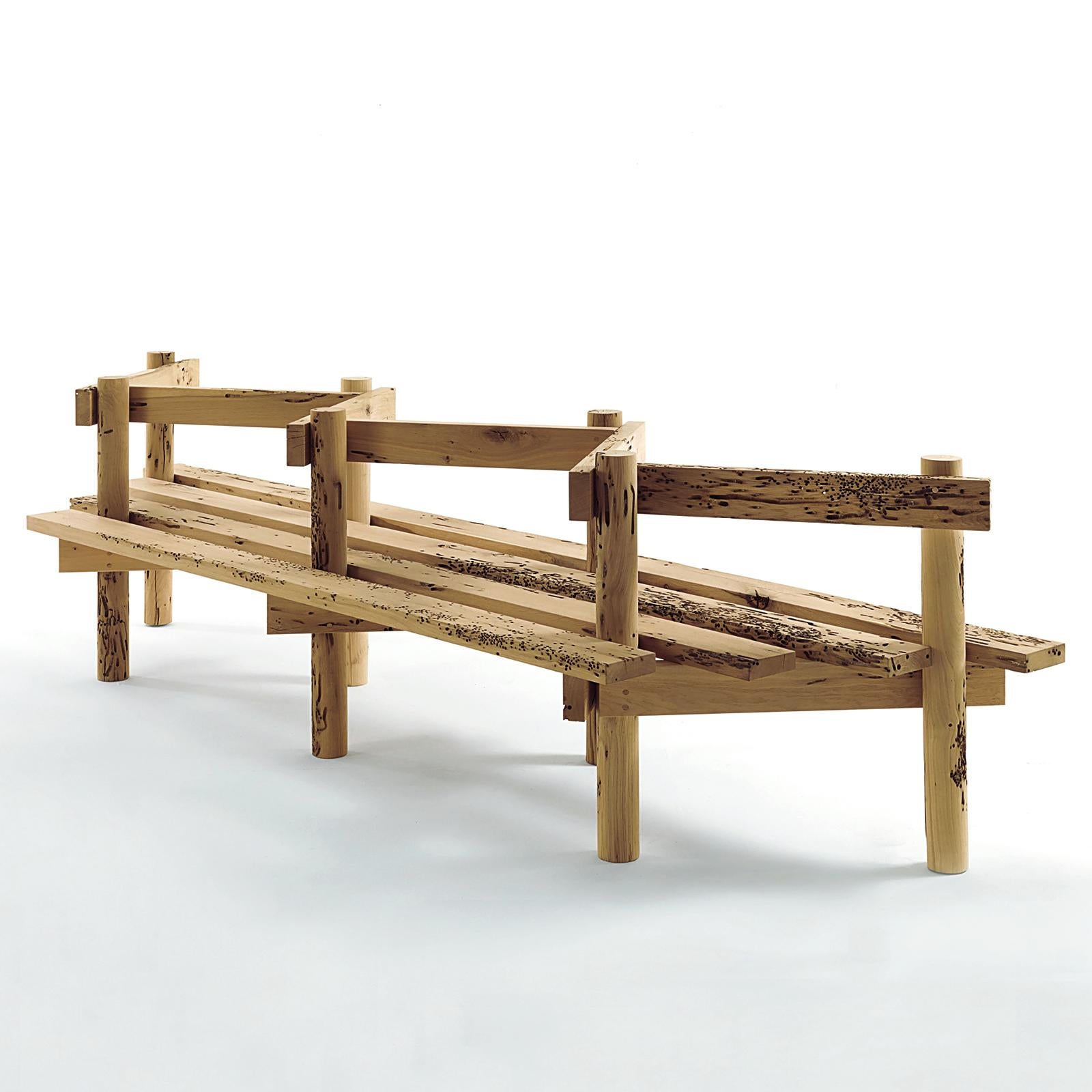 Bench recto verso with all structure, backrests
And seats made in solid oak from Venice wood 
pillars/poles. Oak treated with natural pine extracts 
Wax. Each piece is a bit different due to the unique
Solid oak parts selected to produce the