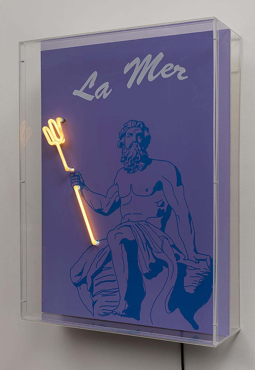 Hand-Crafted Recuerdo Aphrodite and La Mer Poseidon Diptych. Neon Light Box Wall Sculpture.  For Sale