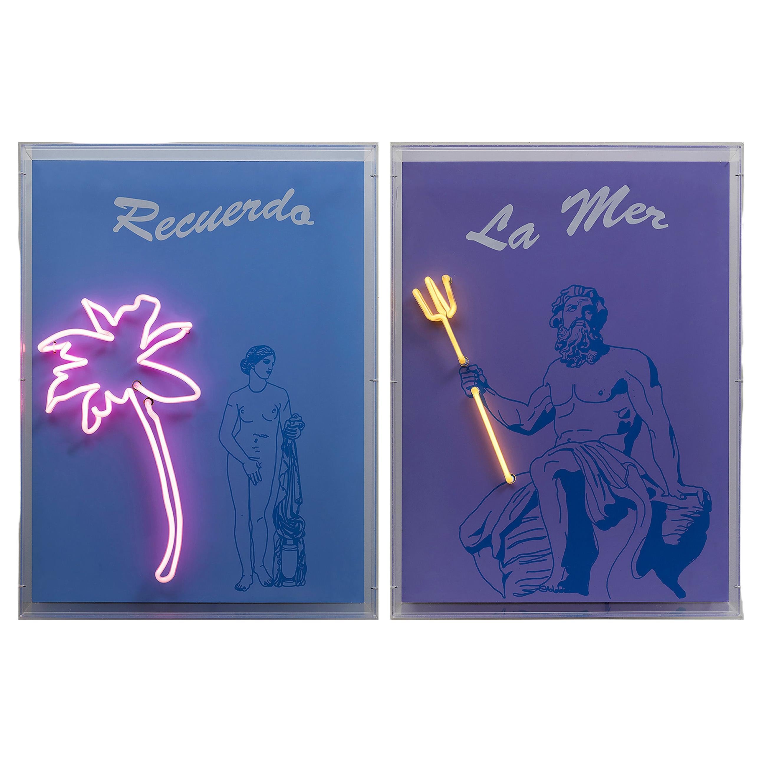 Recuerdo Aphrodite and La Mer Poseidon Diptych. Neon Light Box Wall Sculpture.  For Sale