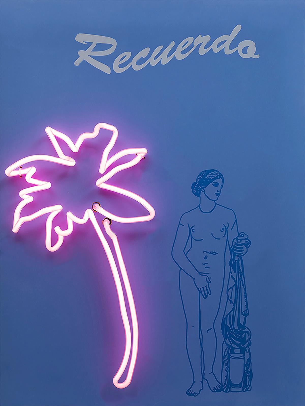 Recuerdo Aphrodite, 2019  Paloma Castello 
From the series Neon Classics
Screen printing with neon lights
Dimensions: 24 H in x 18.1 W x 5.9 D in. 
Edition 6/10

In her work She likes to bring life to objects or icons from the past, intervening in