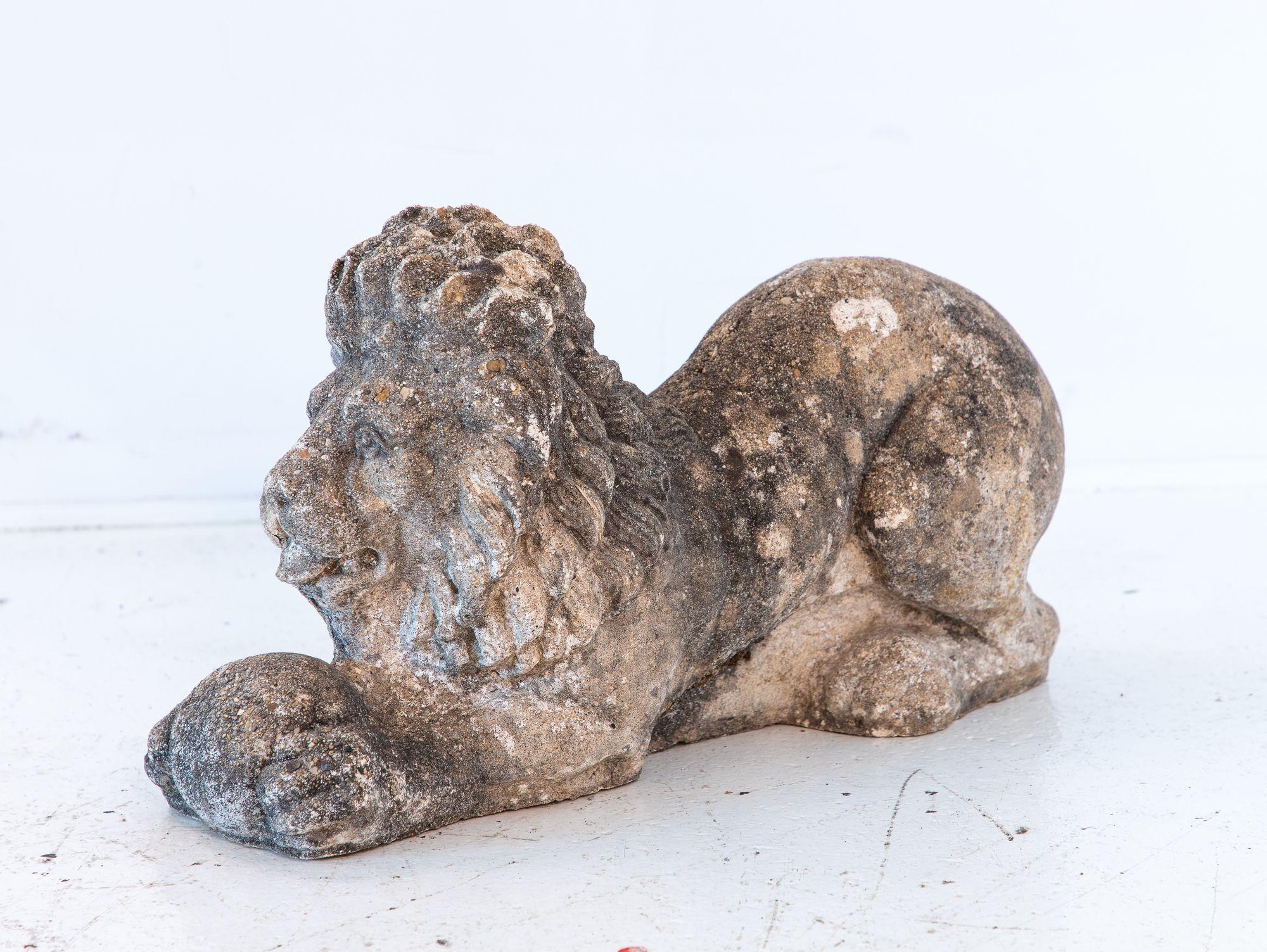 Recumbent Concrete Lion with Sphere, France 1920s In Good Condition For Sale In South Salem, NY