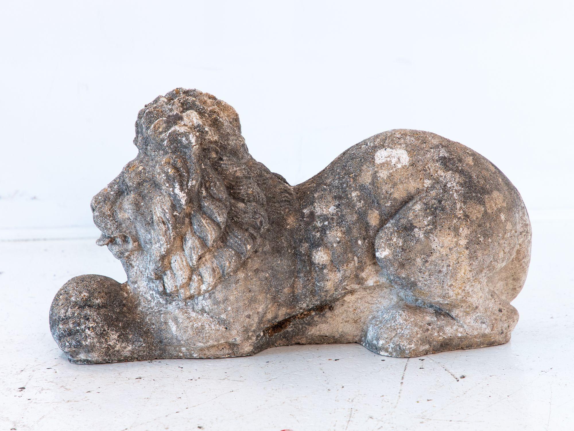 Early 20th Century Recumbent Concrete Lion with Sphere, France 1920s For Sale