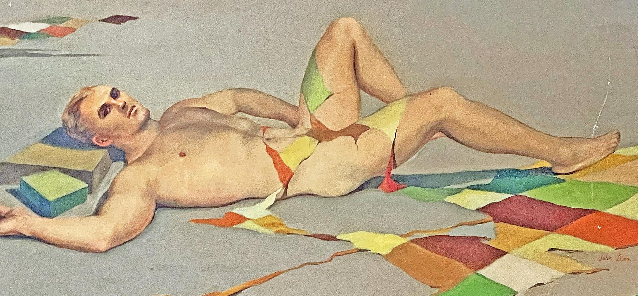 An extraordinary early work of John B. Lear, who is increasingly appreciated for his Mid Century paintings and drawings of male nudes in surreal settings, this 1950s tempera painting depicts a recumbent nude strategically draped with bits of