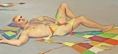 « Nu masculin couché dans un cadre surréaliste », peinture de Tempera des années 1950 par John Lear