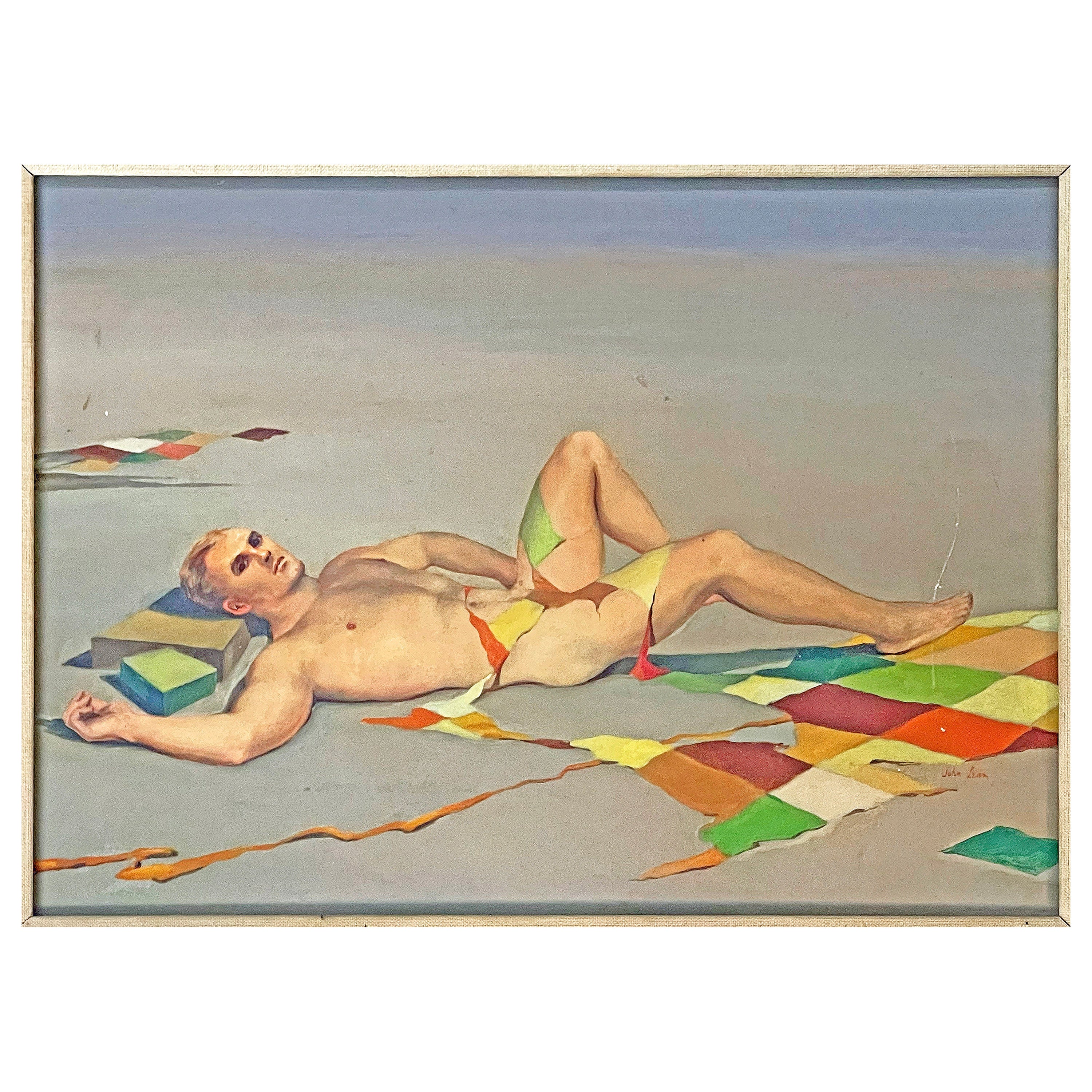 "Recumbent Male Nude in Surreal Setting, " 1950s Tempera Painting by John Lear