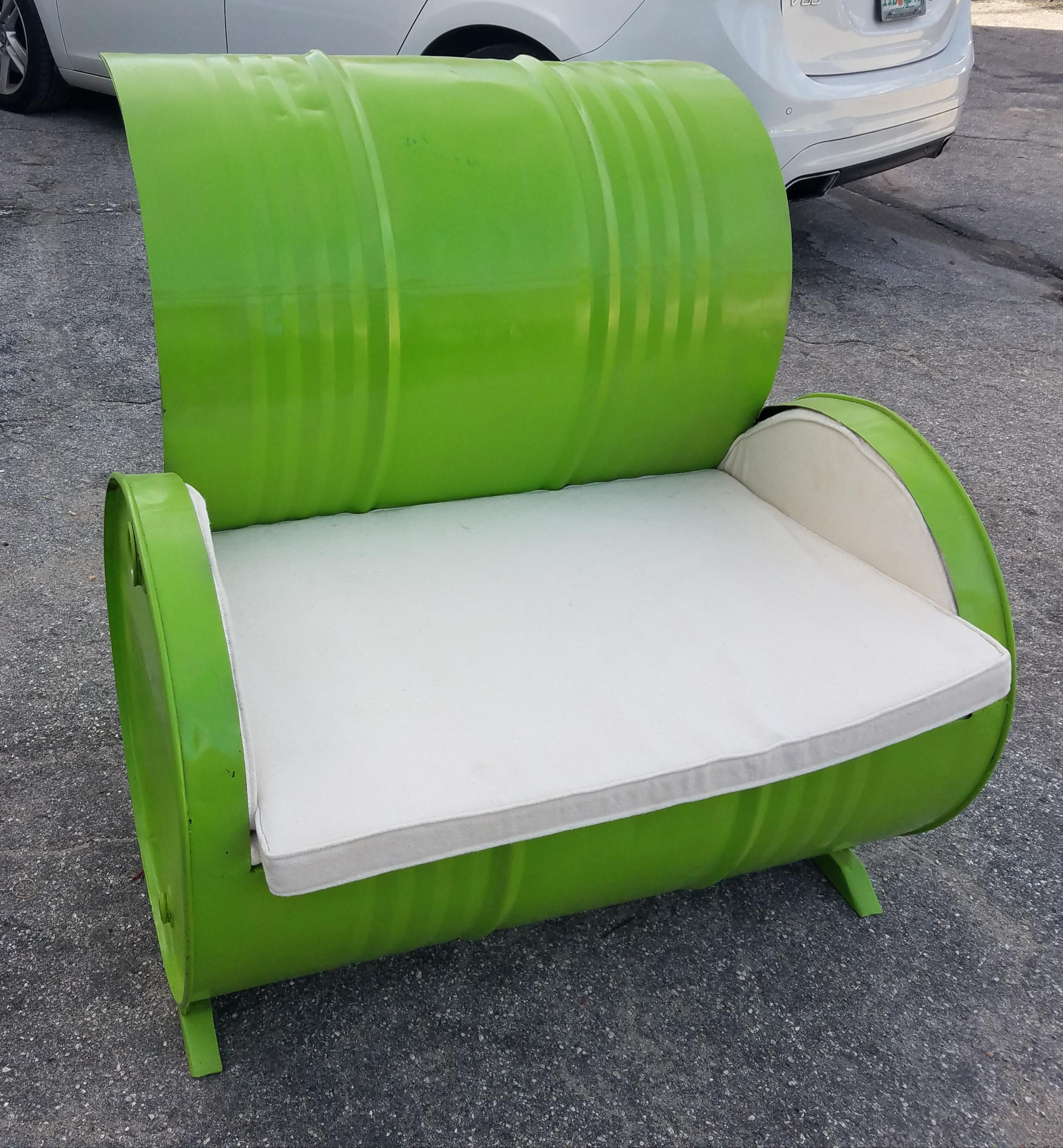 Recycled 55 Gallon Barrel Armchair, Lime Green  In Excellent Condition For Sale In Orlando, FL