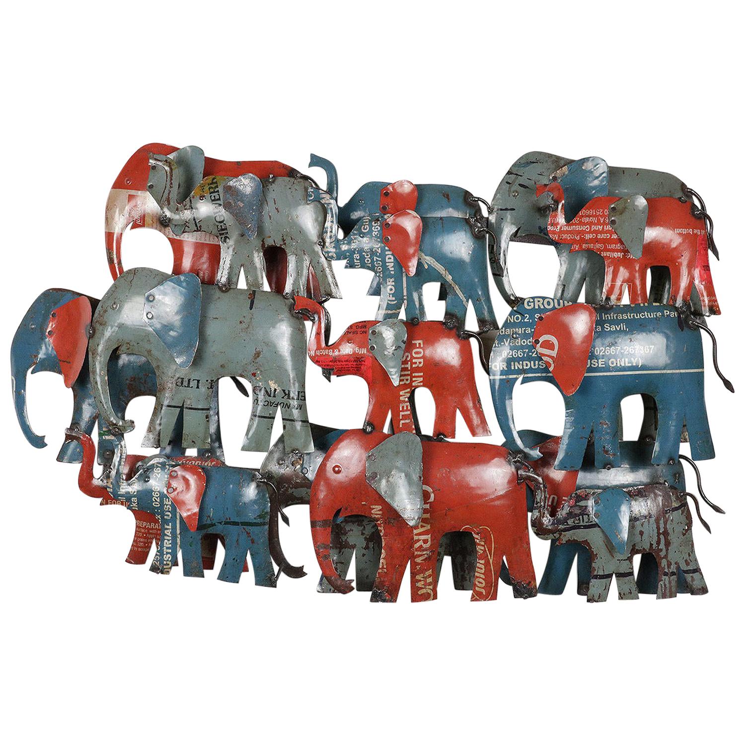 Recycled Metal Wall Art of Herd of Elephants, 20th Century For Sale