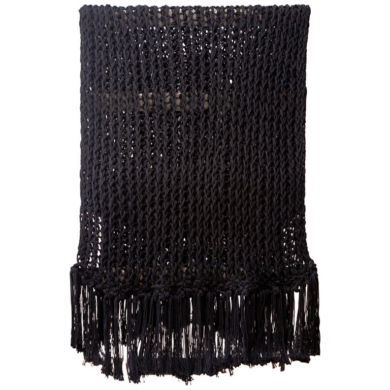 Recycled Open Weave Cotton Throw with Fringe, in Black, in Stock For Sale