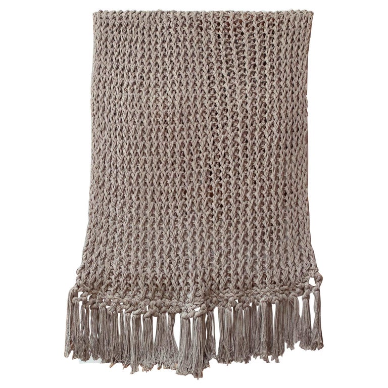 Recycled Open Weave Cotton Throw with Fringe, in Grey, in Stock For Sale