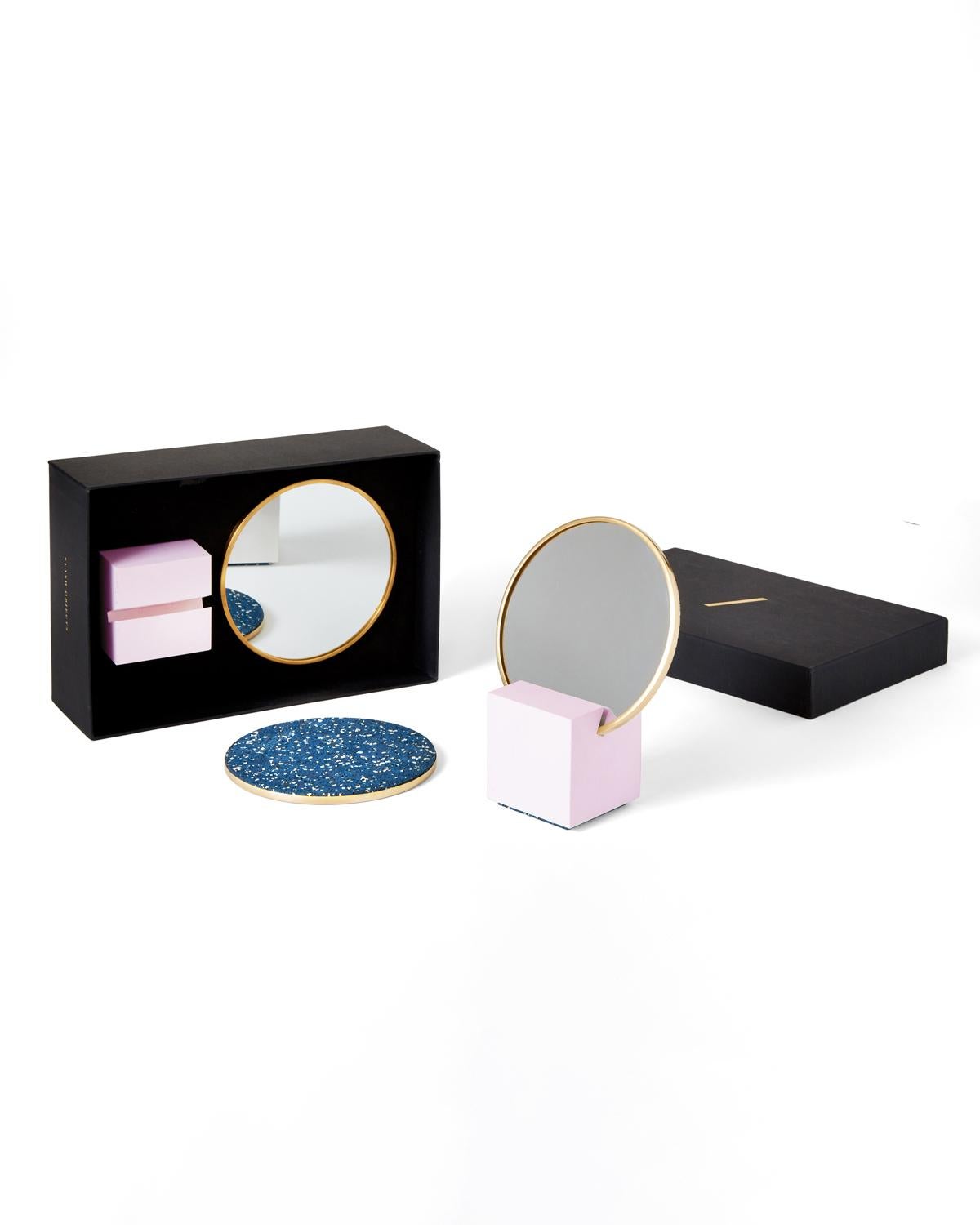 American Recycled Rubber and Brass Vanity Mirror with Pink Cube Base by Slash Objects