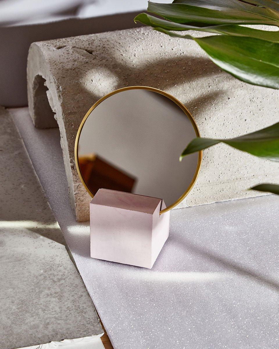 Recycled Rubber and Brass Vanity Mirror with Pink Cube Base by Slash Objects In New Condition In Brooklyn, NY