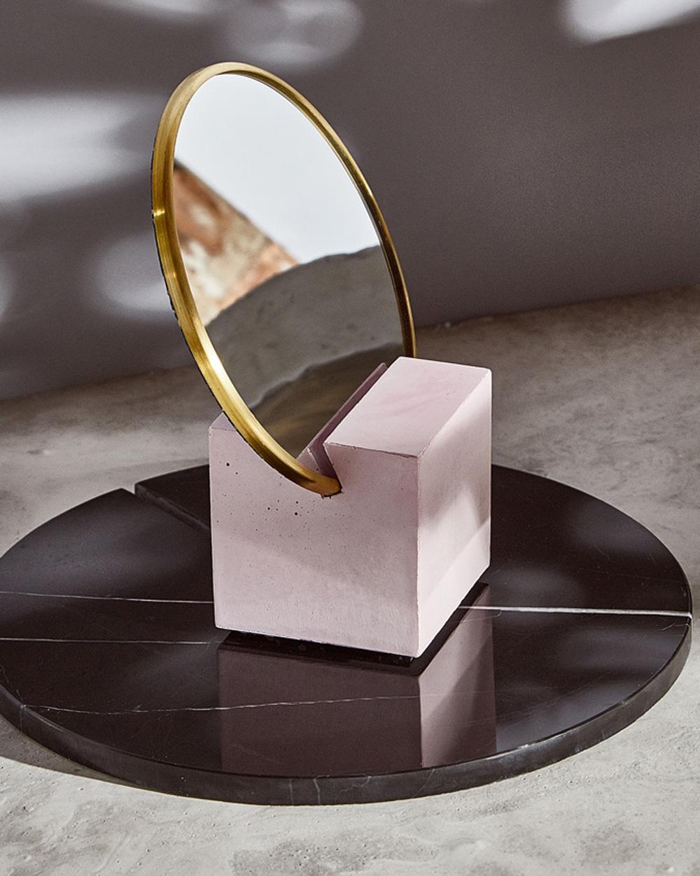 Contemporary Recycled Rubber and Brass Vanity Mirror with Pink Cube Base by Slash Objects