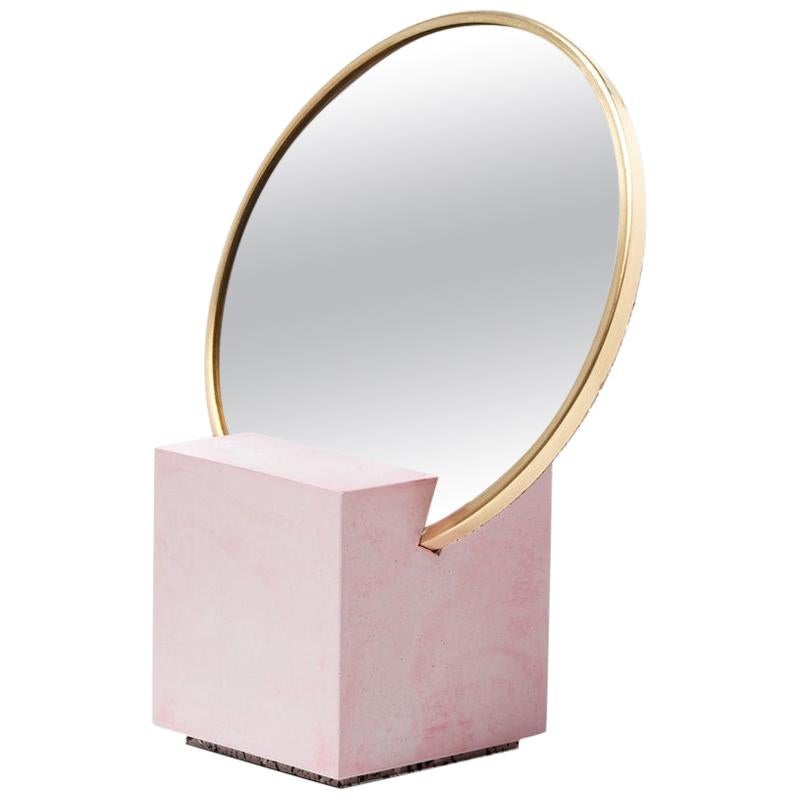 Recycled Rubber and Brass Vanity Mirror with Pink Cube Base by Slash Objects
