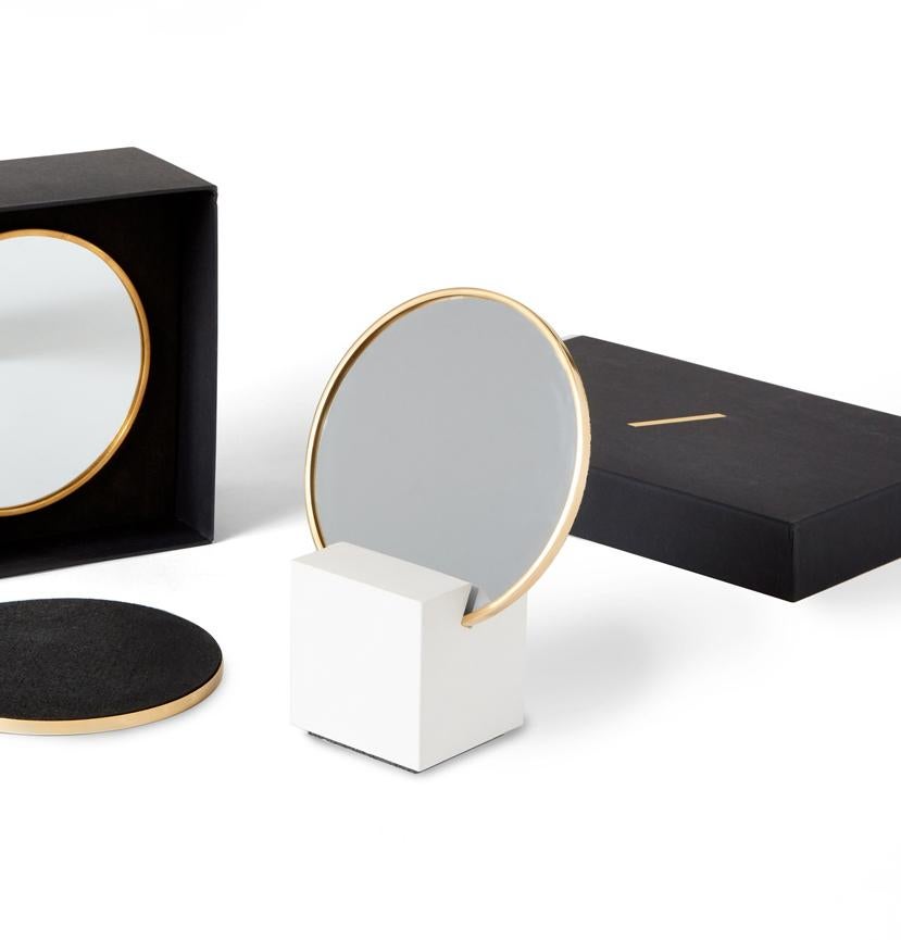 American Brass Vanity Mirror with White Cube Base by Slash Objects
