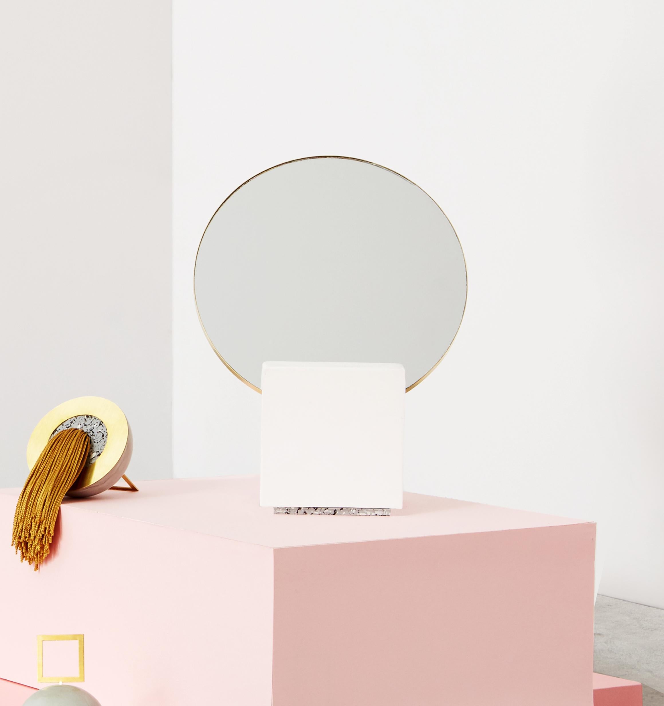 Brass Vanity Mirror with White Cube Base by Slash Objects In New Condition In Brooklyn, NY