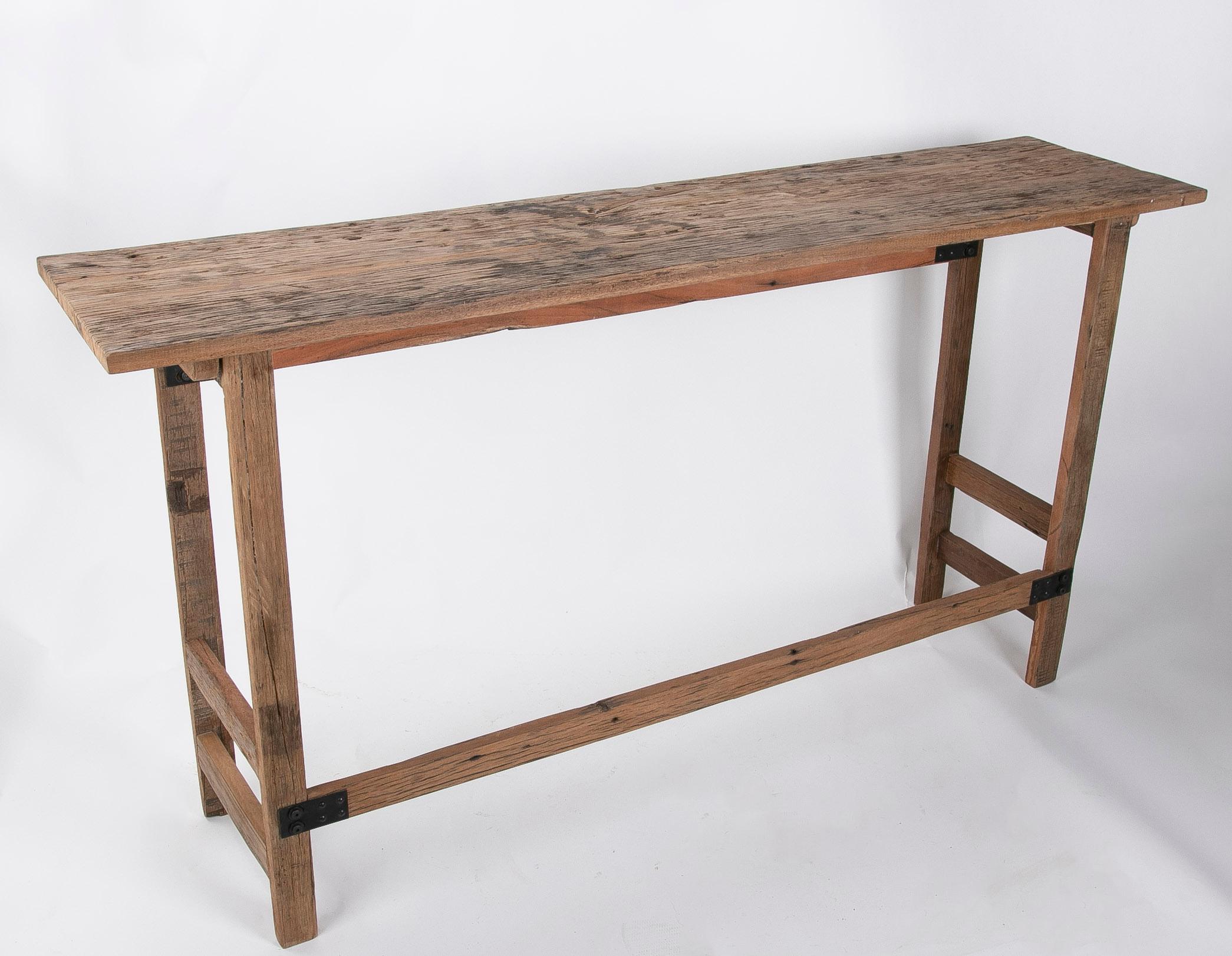 European Recycled Simple Wooden Console in Brown Tone   For Sale