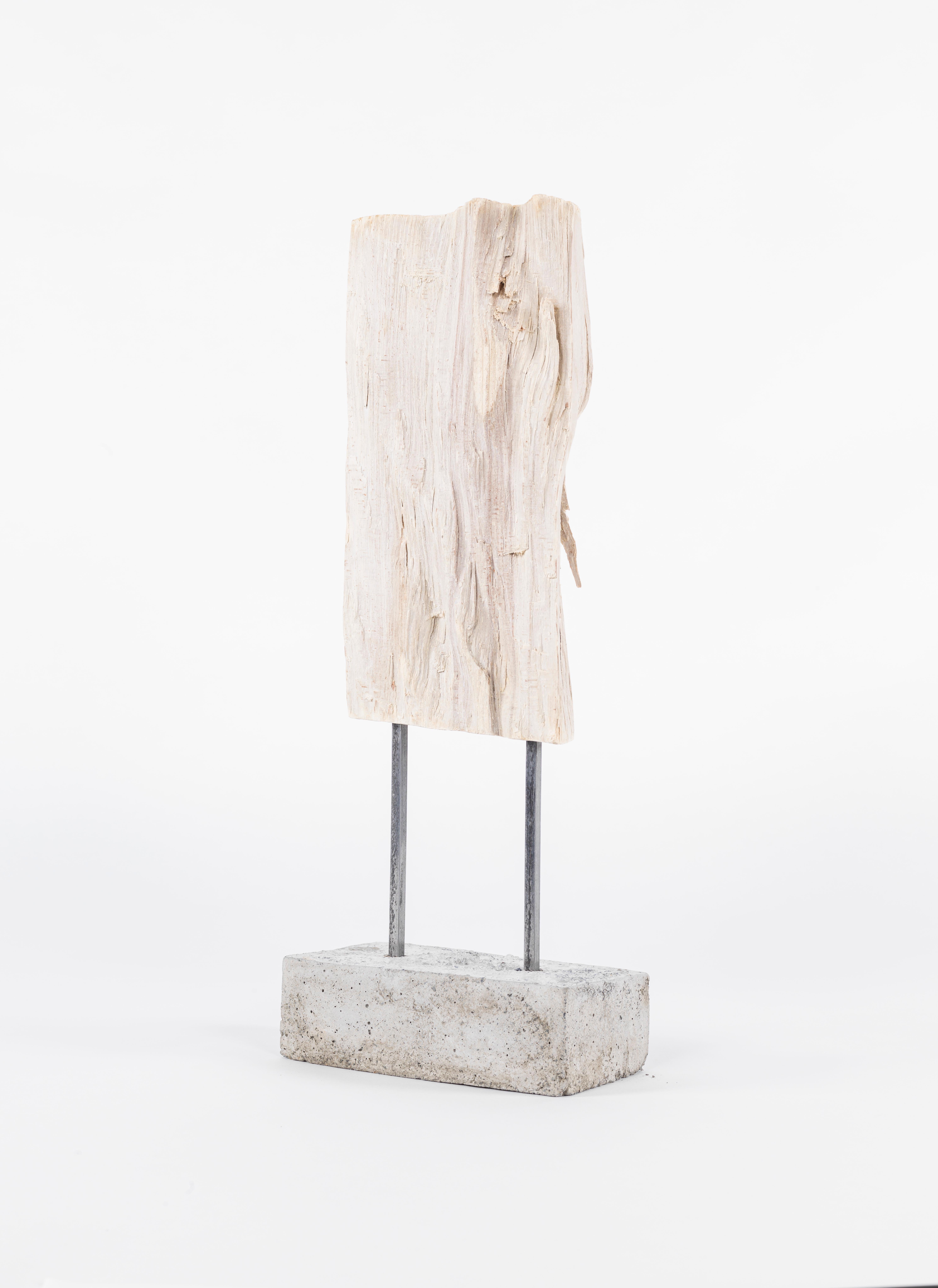 Discover our striking wood sculpture, part of an innovative series that reimagines discarded or destined-to-be burned wood. This unique piece showcases the beautiful combination of bleached oak, rectangular steel, and concrete. Meticulous