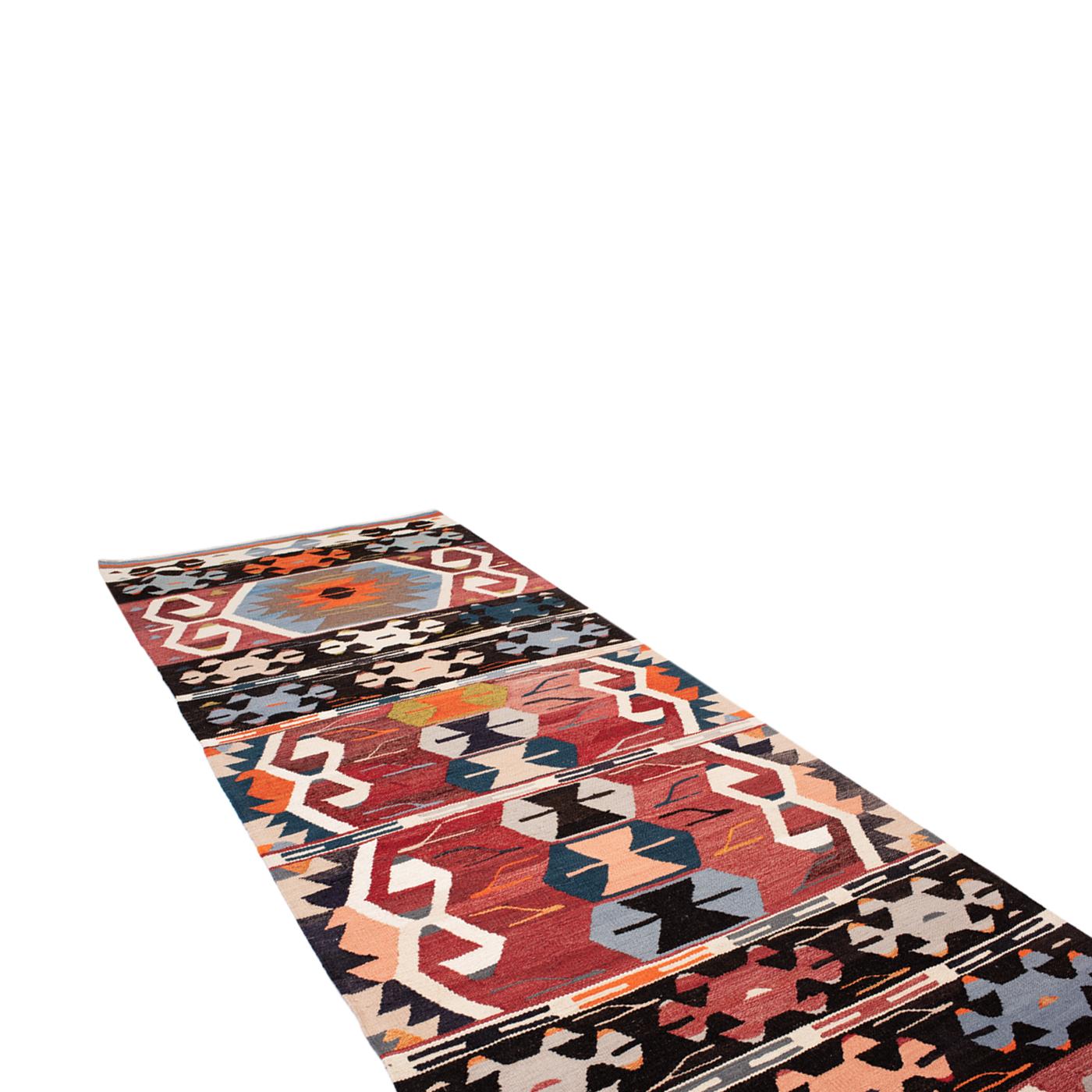 COLOUR: Original
MATERIAL: 100% Recycled wool
QUALITY: Flatweave
ORIGIN: Handwoven rug produced in Istanbul, Turkey
  
STOCK SIZE DISPLAYED: 110cm x 352cm

This Kilim has been hand-woven by female weavers in Turkey, using traditional methods. The