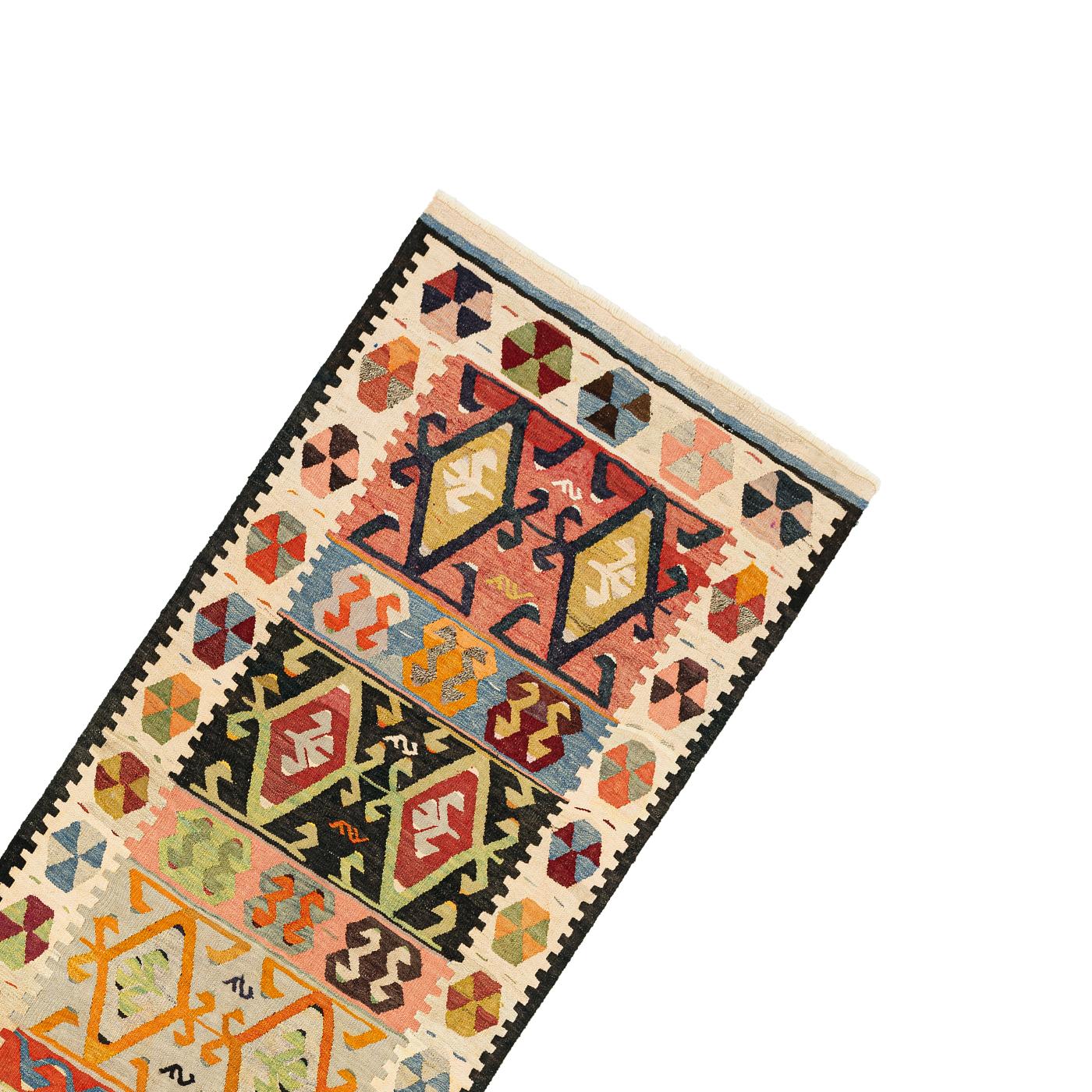 COLOUR: Original
MATERIAL: 100% Recycled wool
QUALITY: Flatweave
ORIGIN: Handwoven rug produced in Istanbul, Turkey
  
STOCK SIZE DISPLAYED: 110cm x 310cm

This Kilim has been hand-woven by female weavers in Turkey, using traditional methods. The