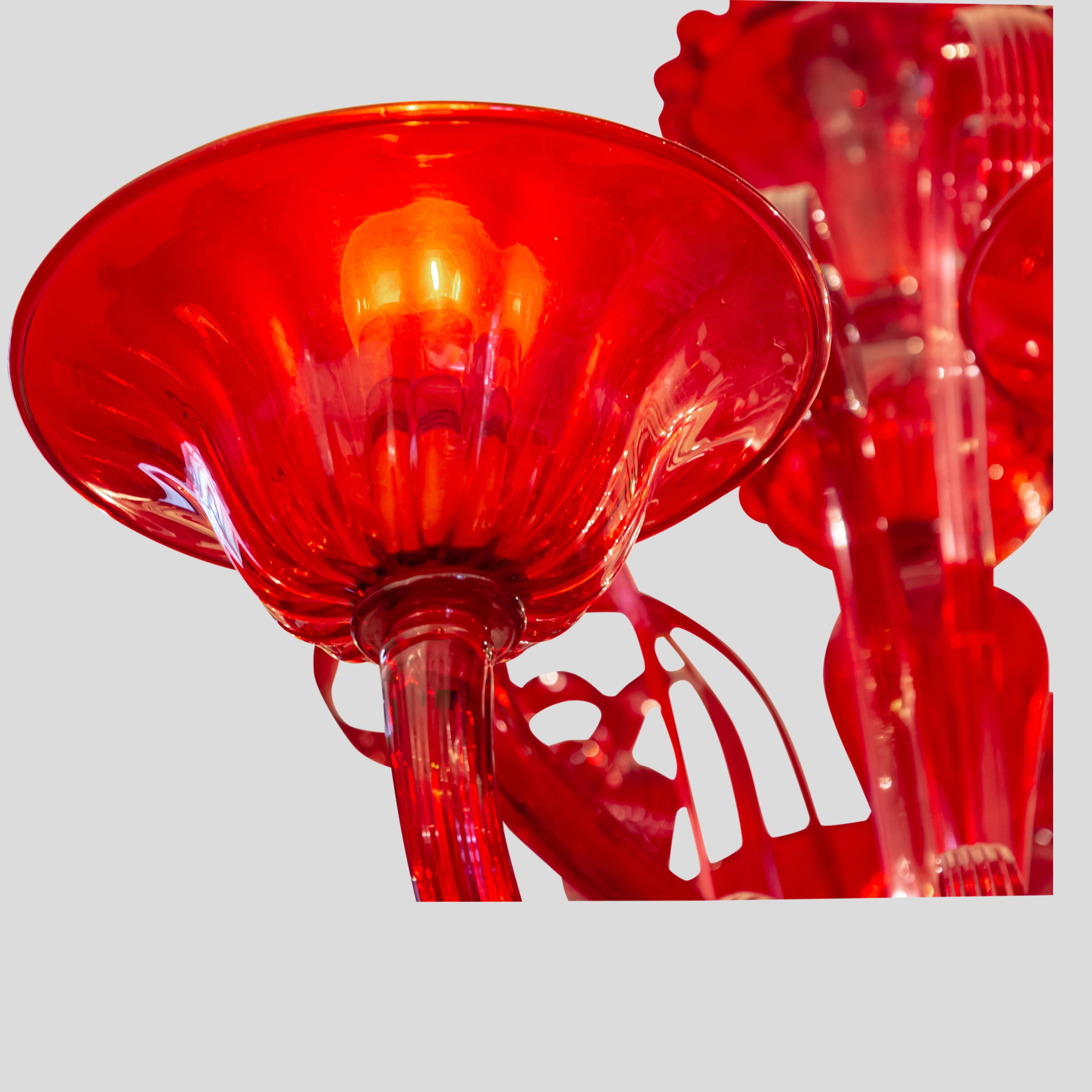 Late 20th Century Red 12 Lighter Classic Venetian Chandelier Designed and Made by Cenedese Italy For Sale