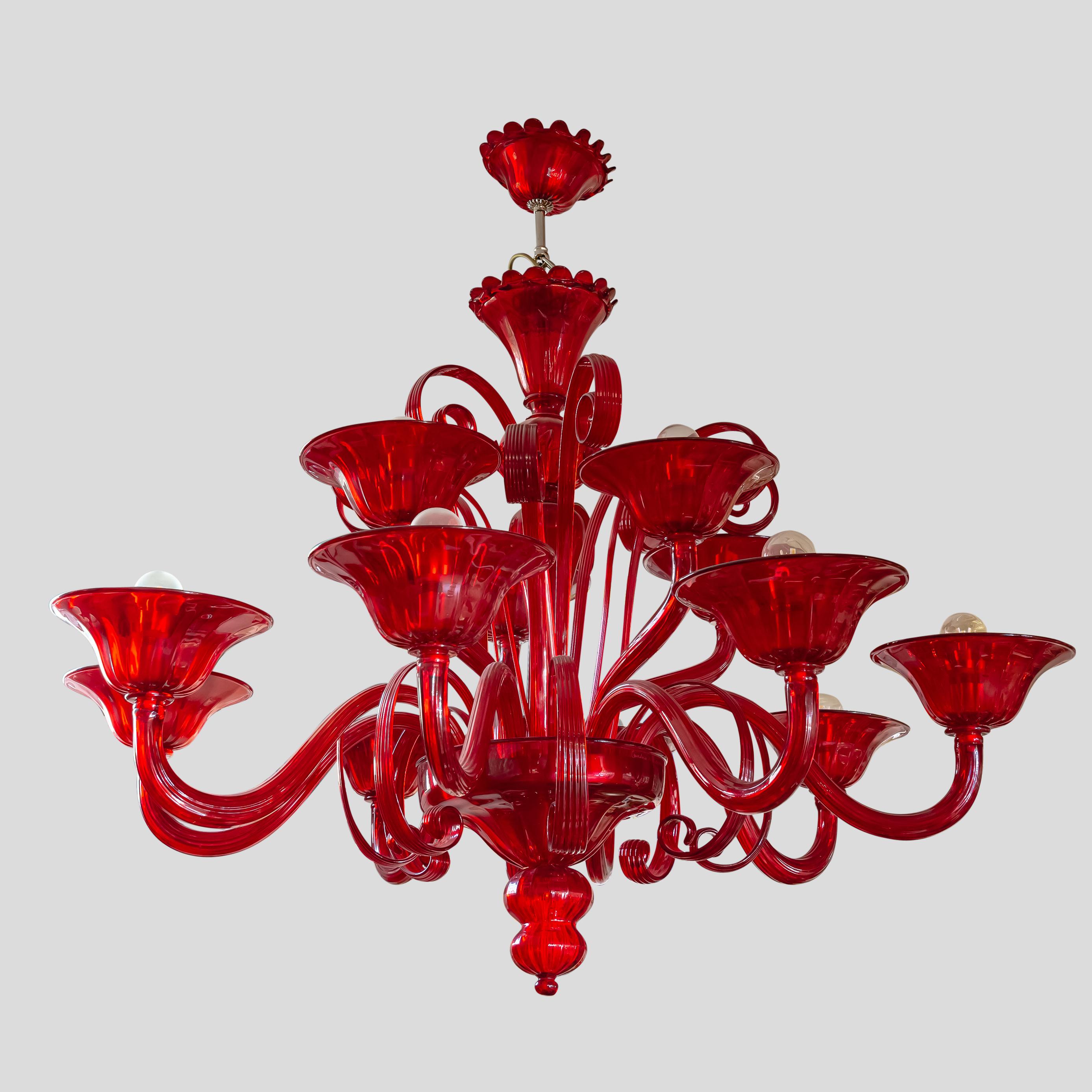 Blown Glass Red 12 Lighter Classic Venetian Chandelier Designed and Made by Cenedese Italy For Sale