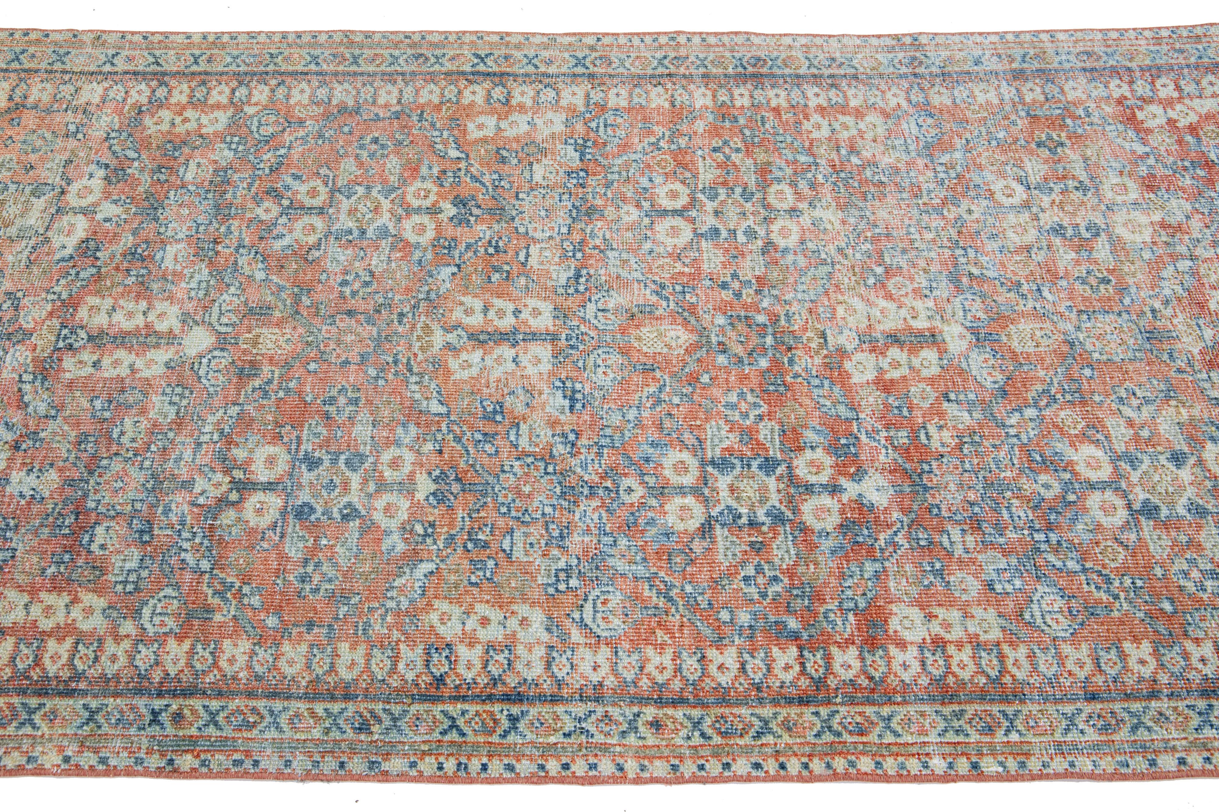 Hand-Knotted Red 1920s Persian Mahal  Wool Runner with Allover Floral Pattern For Sale