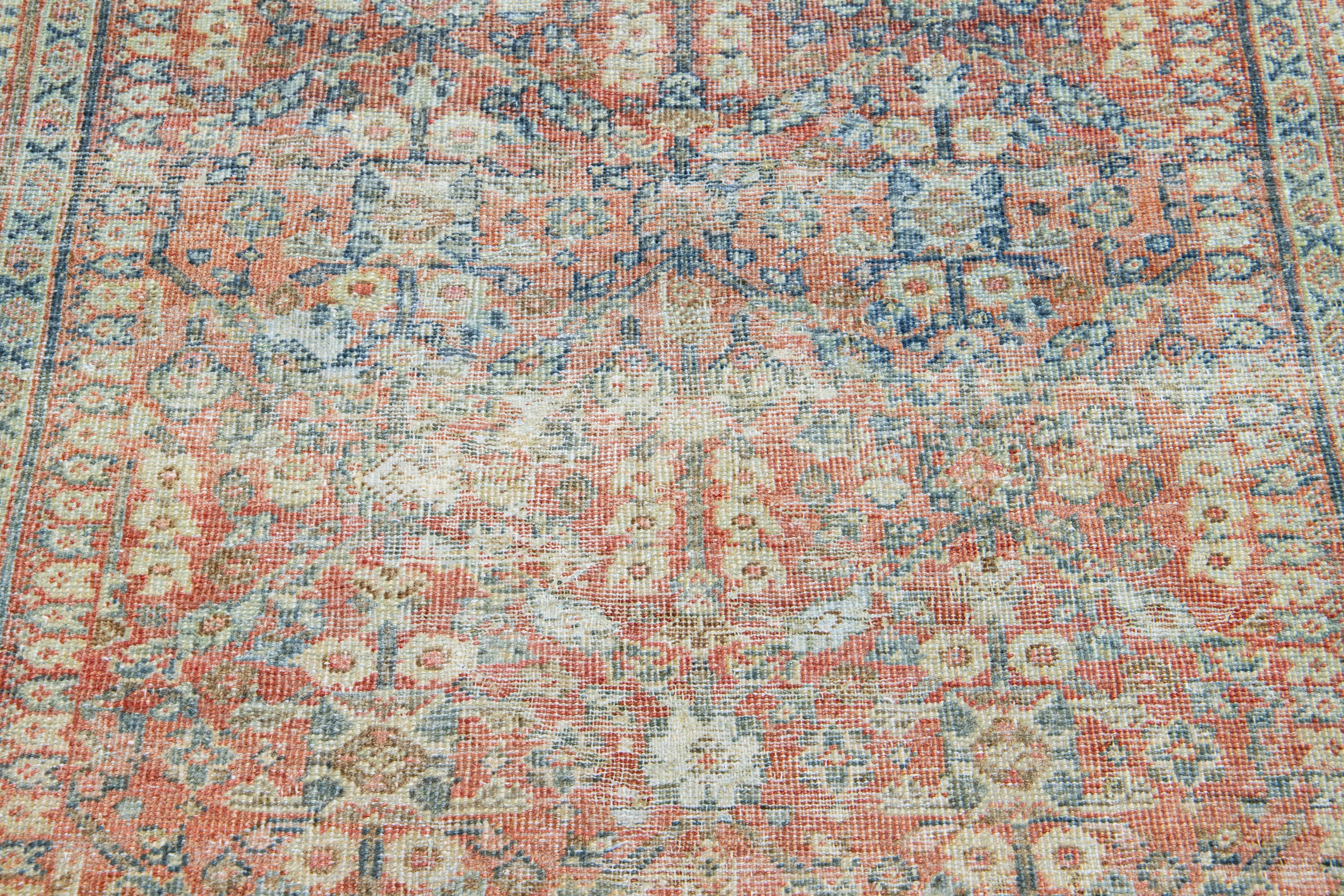 Red 1920s Persian Mahal  Wool Runner with Allover Floral Pattern In Good Condition For Sale In Norwalk, CT
