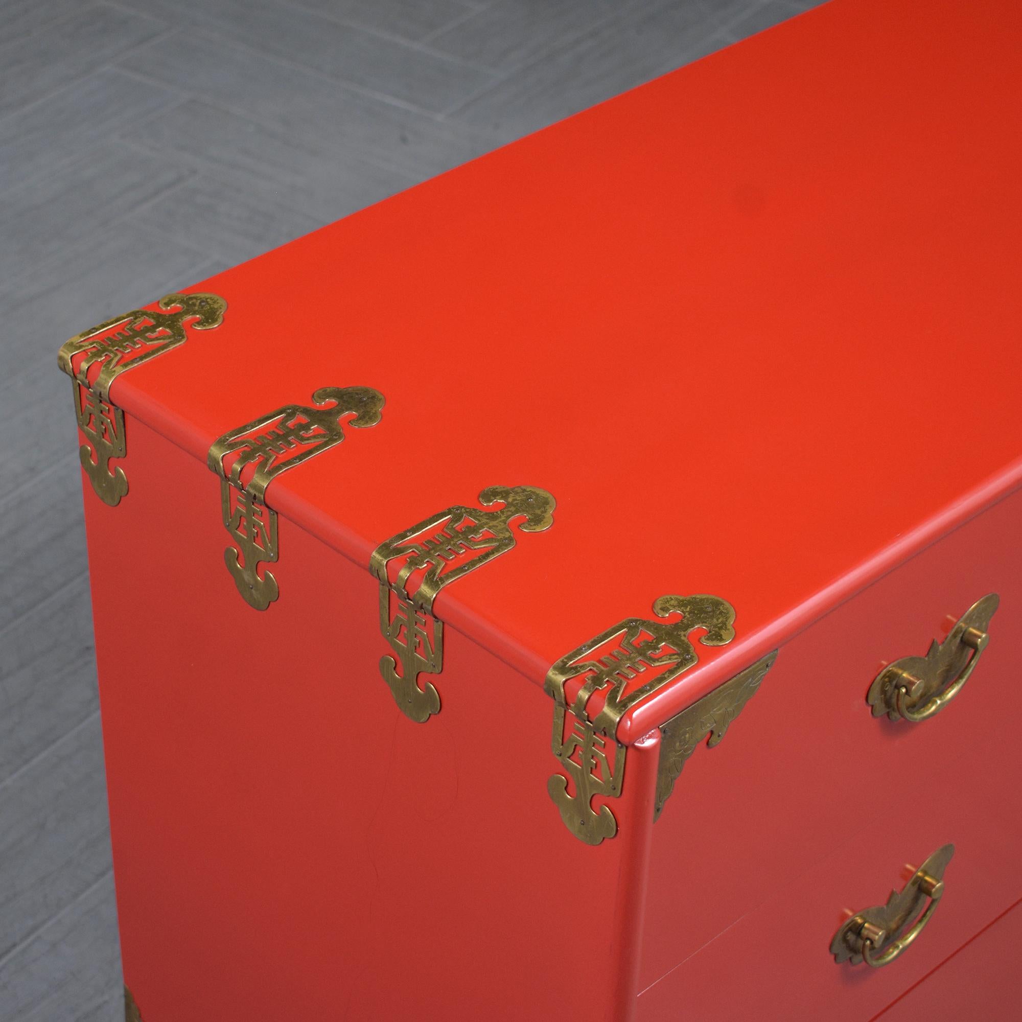 Stunning Vintage 1970s Red Lacquered Chest of Drawers with Brass Accents 1