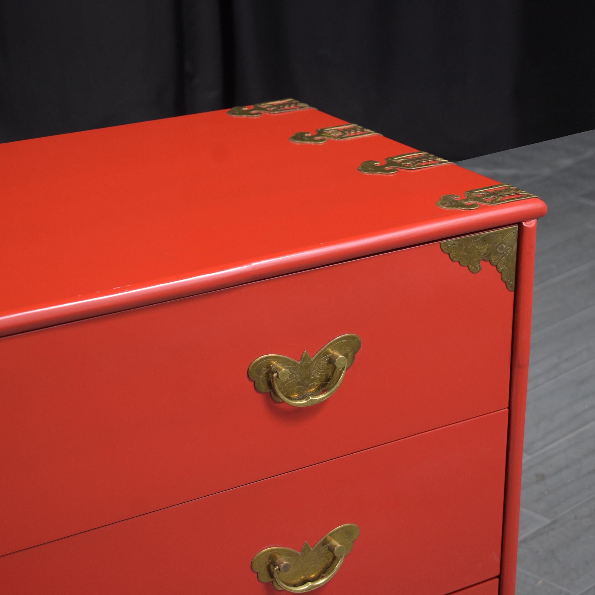 Stunning Vintage 1970s Red Lacquered Chest of Drawers with Brass Accents 2