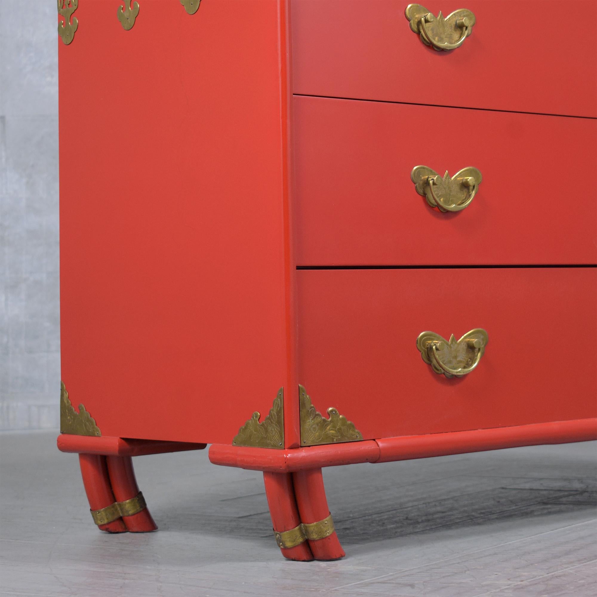 Stunning Vintage 1970s Red Lacquered Chest of Drawers with Brass Accents 3