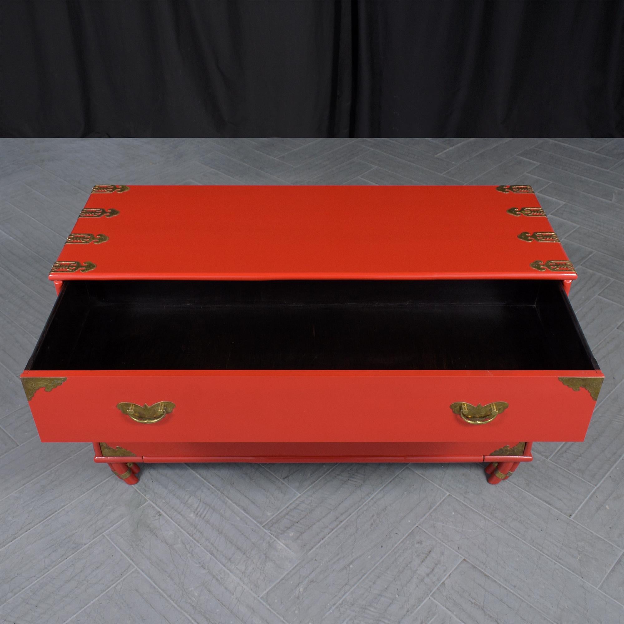 Stunning Vintage 1970s Red Lacquered Chest of Drawers with Brass Accents In Good Condition In Los Angeles, CA