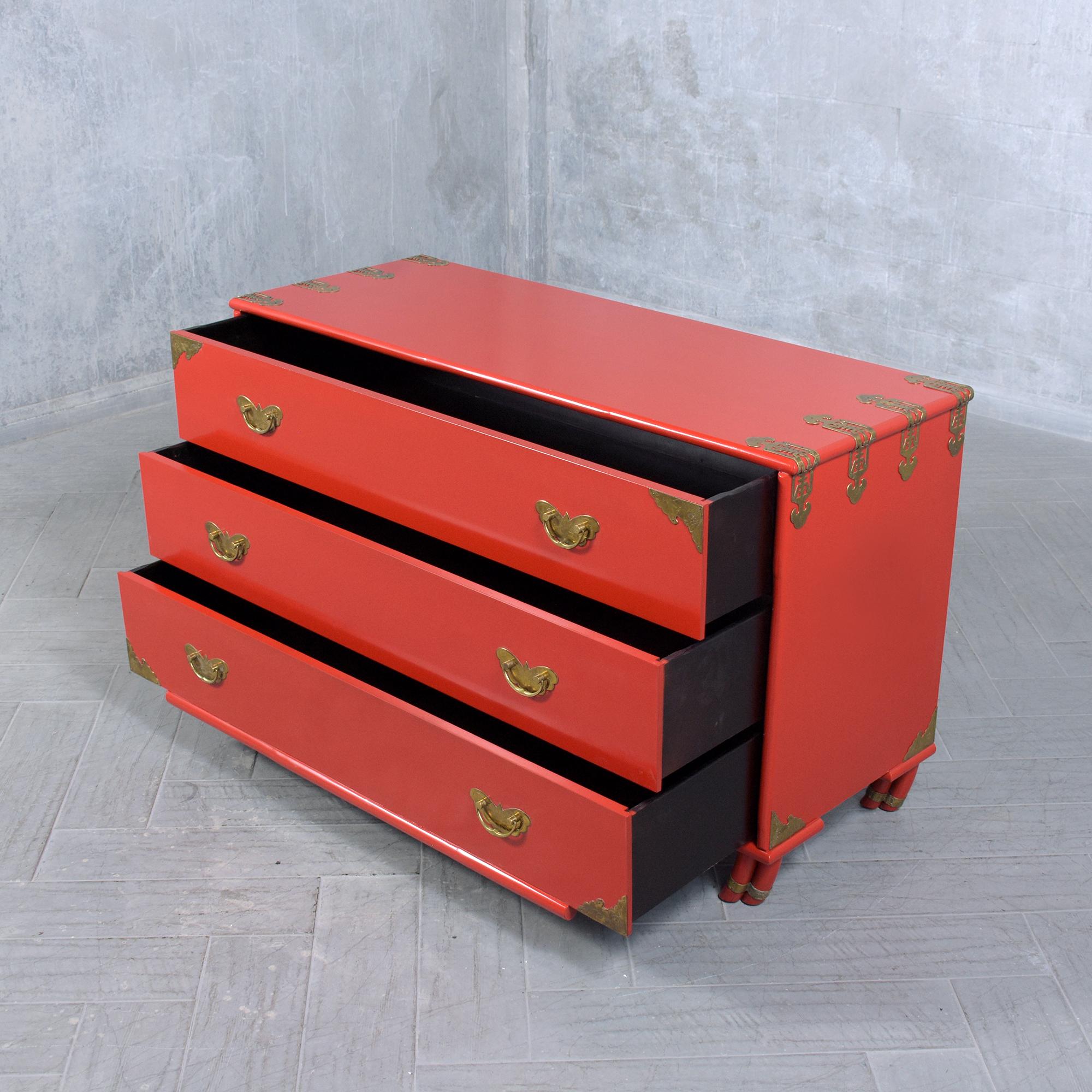 Chinese Stunning Vintage 1970s Red Lacquered Chest of Drawers with Brass Accents