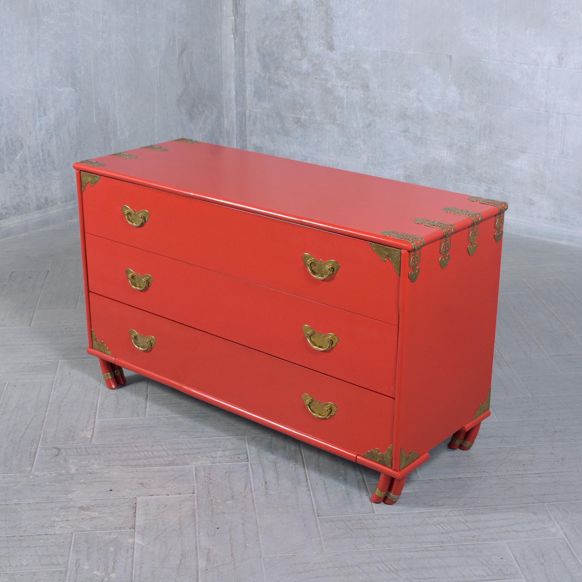 Chinese Export Stunning Vintage 1970s Red Lacquered Chest of Drawers with Brass Accents