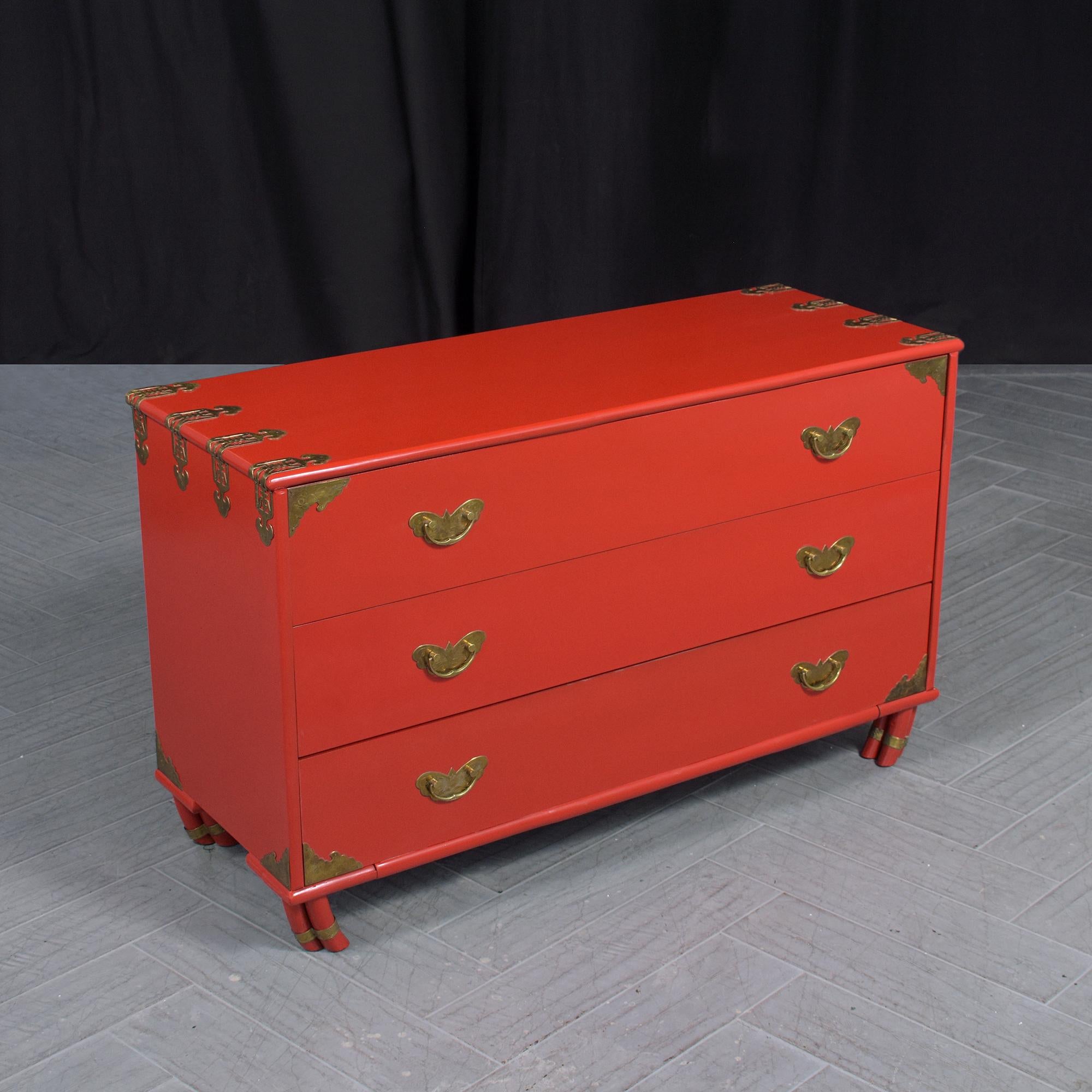 Paint Stunning Vintage 1970s Red Lacquered Chest of Drawers with Brass Accents