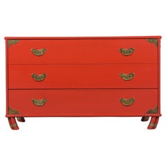 Stunning Vintage 1970s Red Lacquered Chest of Drawers with Brass Accents
