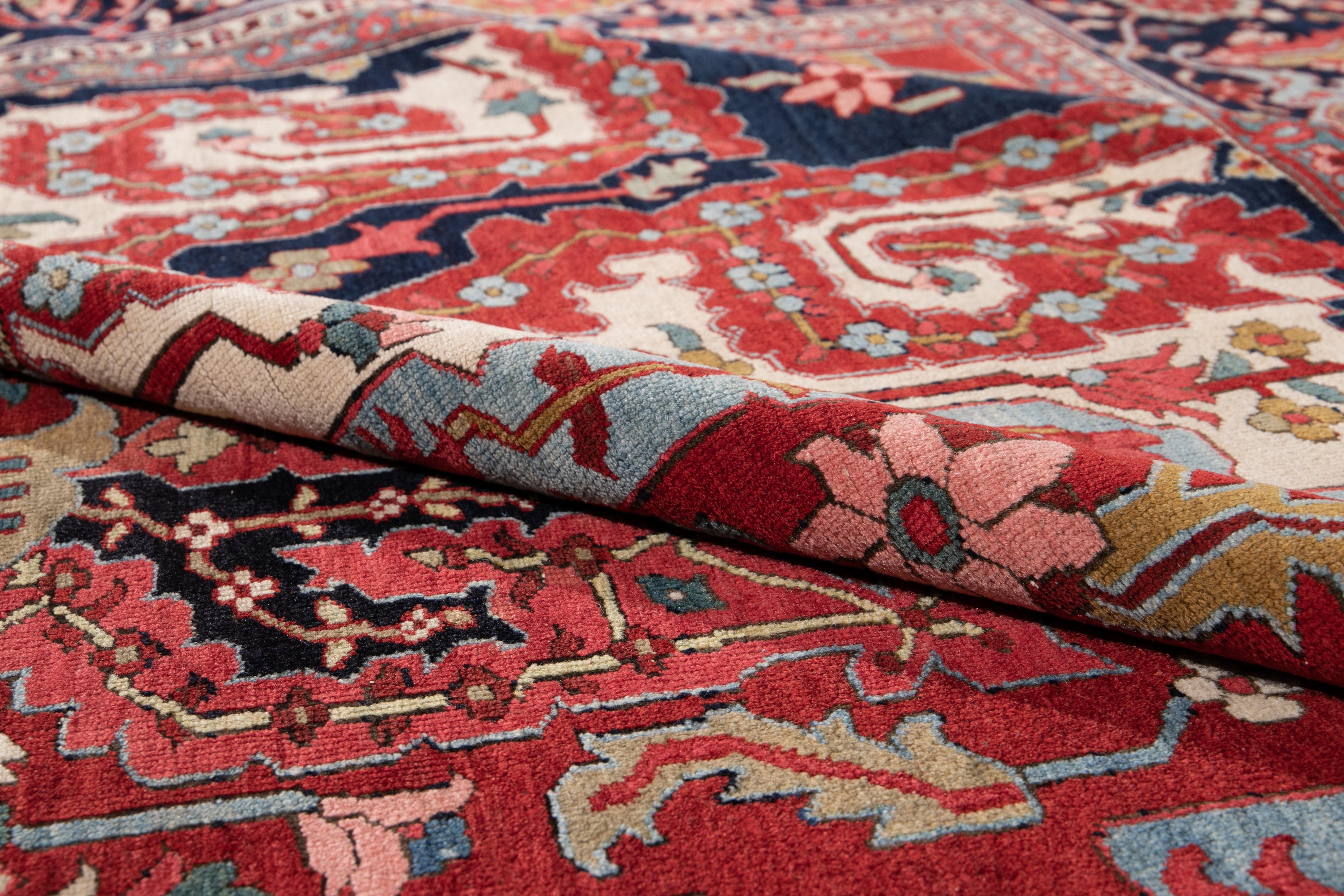 Hand-Knotted Red 19th Century Antique Serapi Handmade Wool Rug For Sale